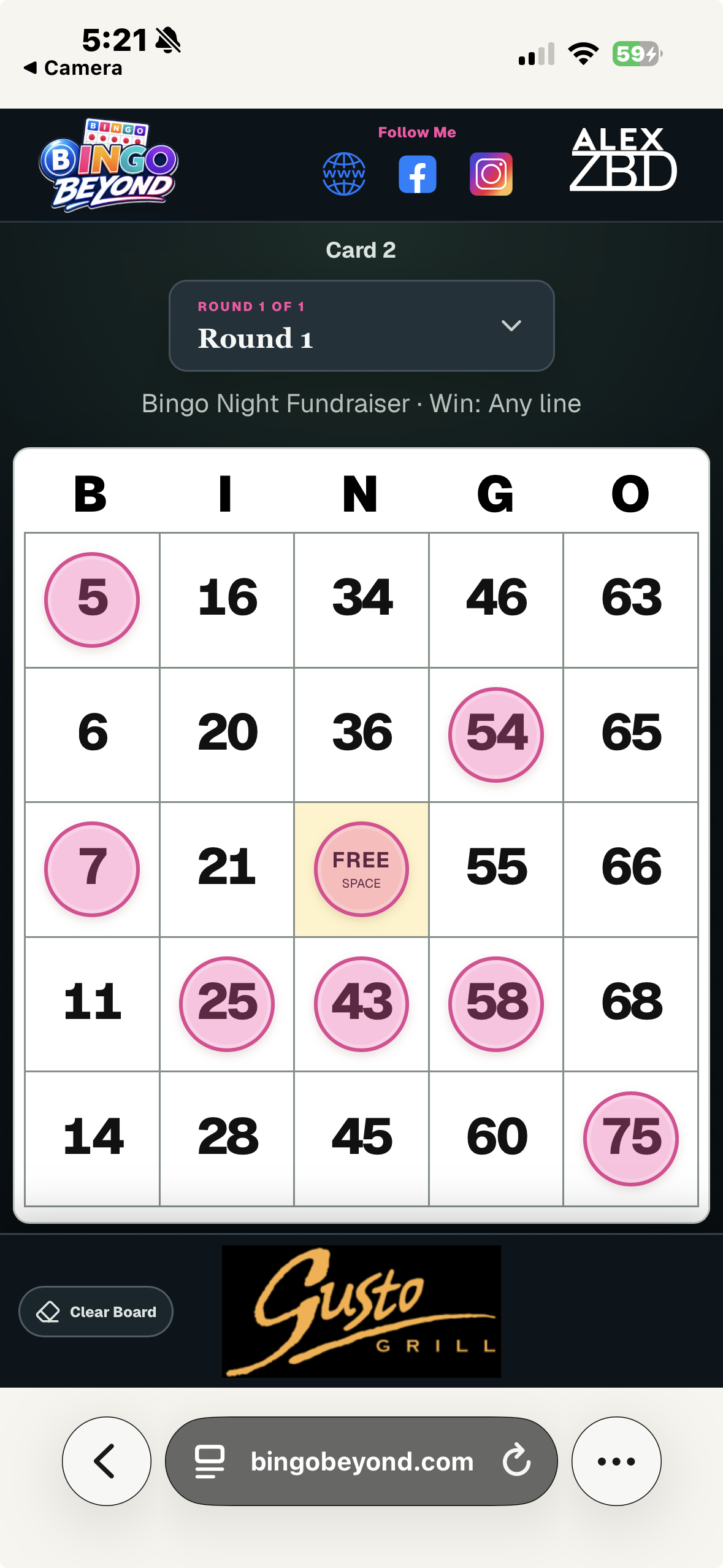 Classic 75-ball Bingo player card with large numbers and marked squares
